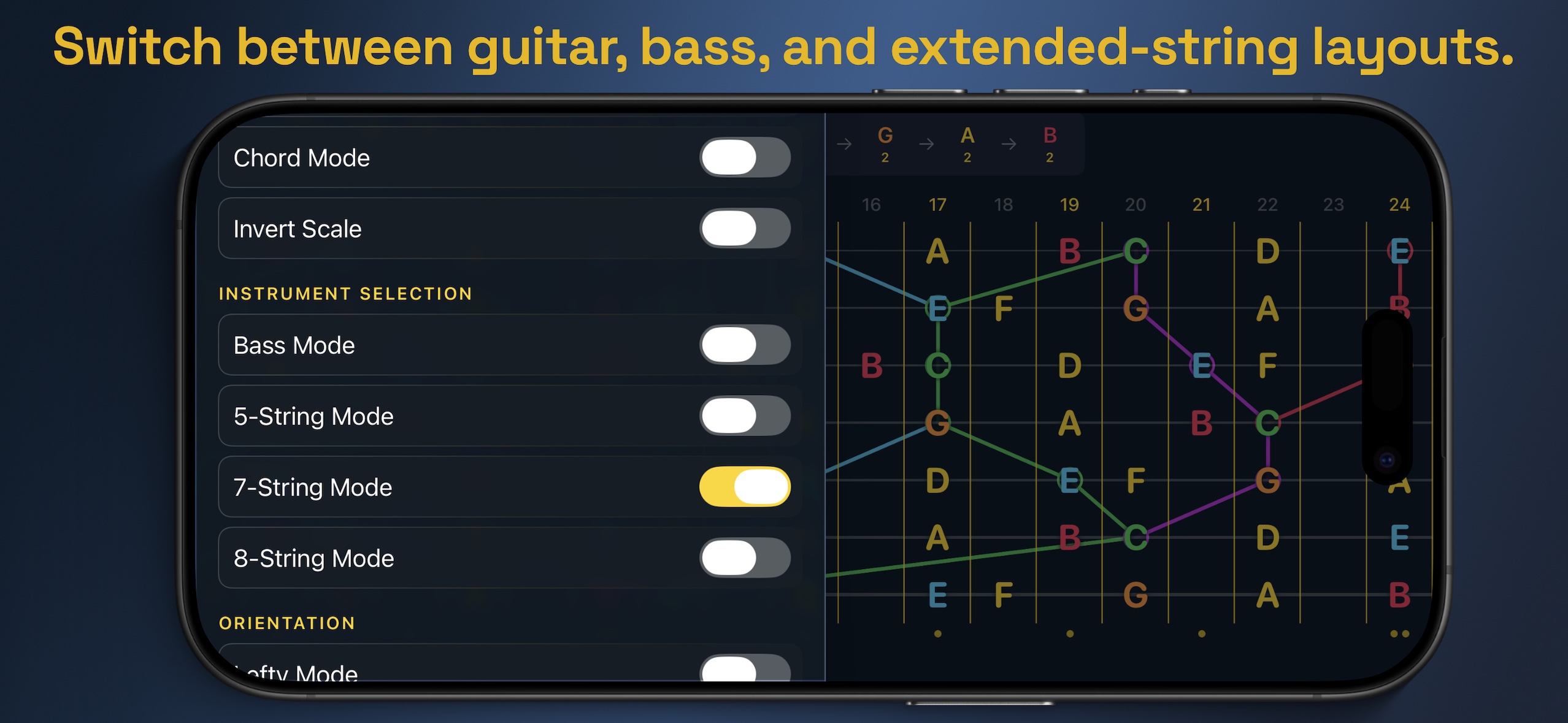 Guitar, bass, seven-string, and eight-string settings